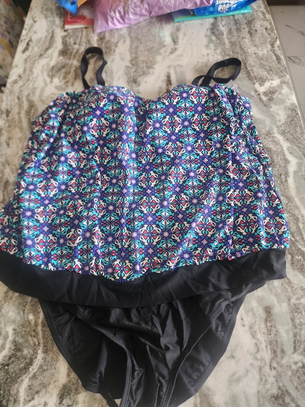 Lane Bryant Blue Purple Patterned One-Piece Swimsuit with Black Trim